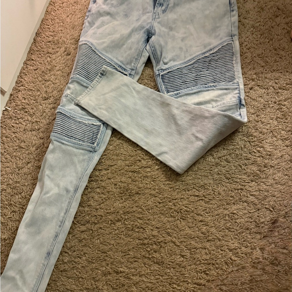 Mens PacSun Blue Slim Jeans with Distressed Patchwork